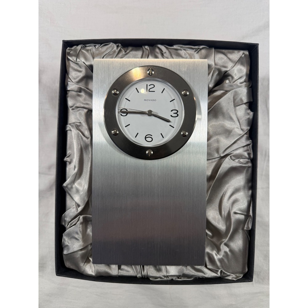 Movado Desk Clock Silver NEW Brushed Metal Industrial‎